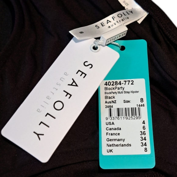 SEAFOLLY◇Black/White Block Party Multi Strap Hipster Swim Bottoms◇CAN Size 6◇NWT - Picture 5 of 7